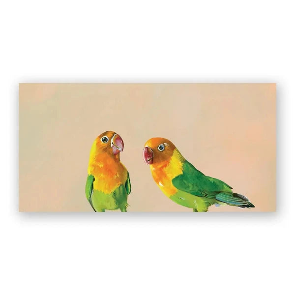 Two colorful parrots on a beige background