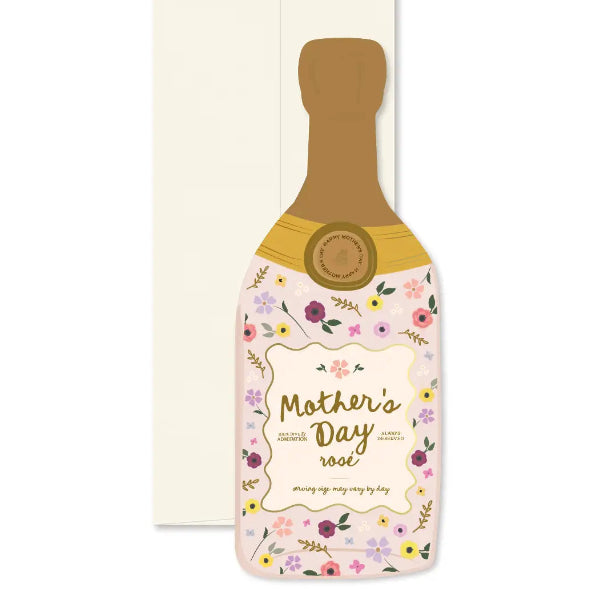 Card designed like a bottle of champagne with 'Mother's Day Rose' text on a white background