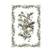 A square decorative dishtowel featuring a Christmas tree branch with pine needles, small ornaments, stars, and a reindeer head, framed by a border of evergreen branches on a white background.