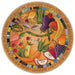 Decorative plate with colorful fruits and vegetables and text on a white background