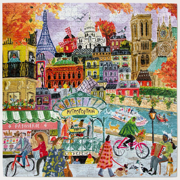 Colorful puzzle with a Parisian scene featuring iconic landmarks and people.