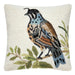 A square hand-tufted decorative pillow featuring a detailed quail bird perched on green branch leaves against an off-white textured background.