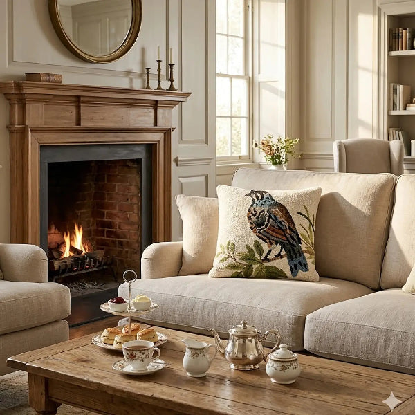 A cozy living room scene with a beige upholstered sofa featuring a decorative throw pillow with a bird and leaf design, set in front of a lit fireplace. A wooden coffee table with teacups and pastries sits in the foreground, and a matching armchair is partially visible on the left.