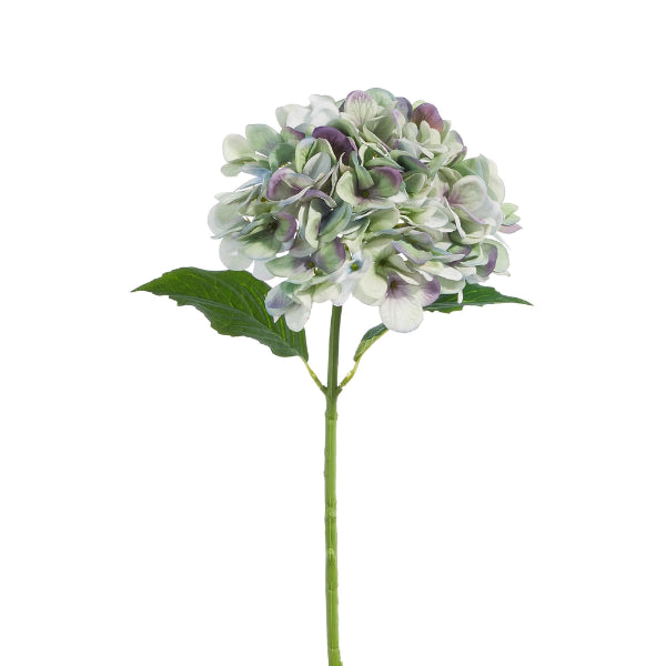 Artificial flower stem with green and purple flowers on a white background