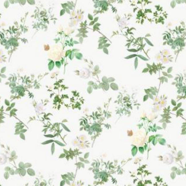Floral pattern with white flowers and green leaves on a white background