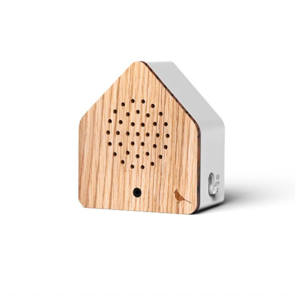 Wooden house-shaped speaker on a white background