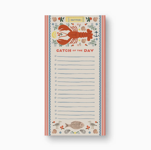 Notepad with lobster design and 'Catch of the Day' text on a white background