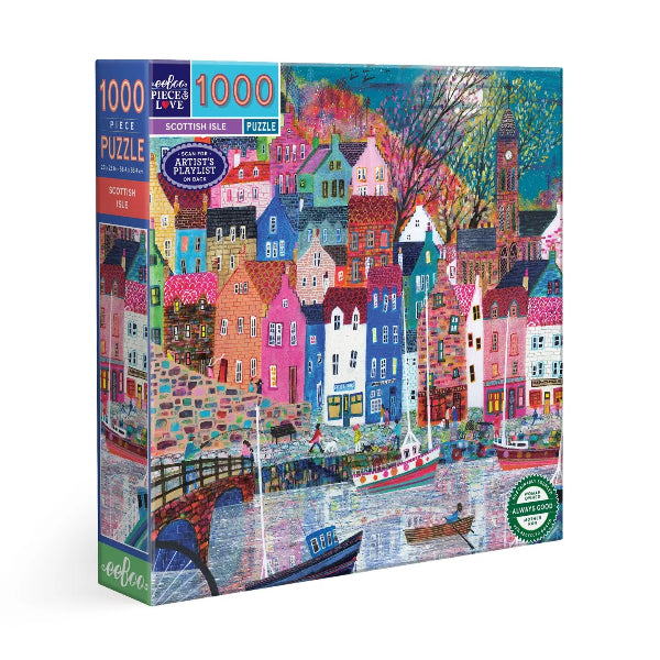 Jigsaw puzzle box with colorful village scene and ' eeBoo' branding