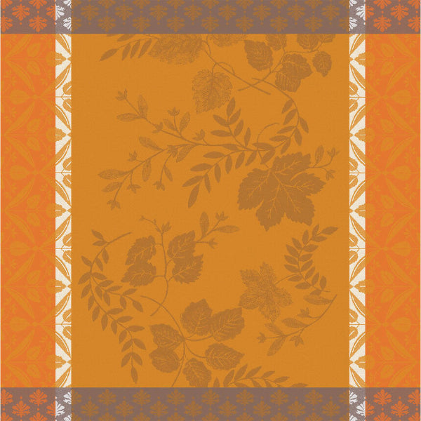 A square decorative pattern tile featuring a central warm orange field with muted brown leafy vine motifs, bordered by orange side panels and gray-and-white patterned bands at the top and bottom.