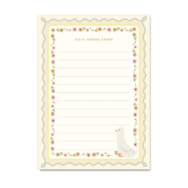 A lined notepad with a decorative floral border and a white goose illustration in the bottom right corner. The top reads 'SILLY GOOSE STUFF'.