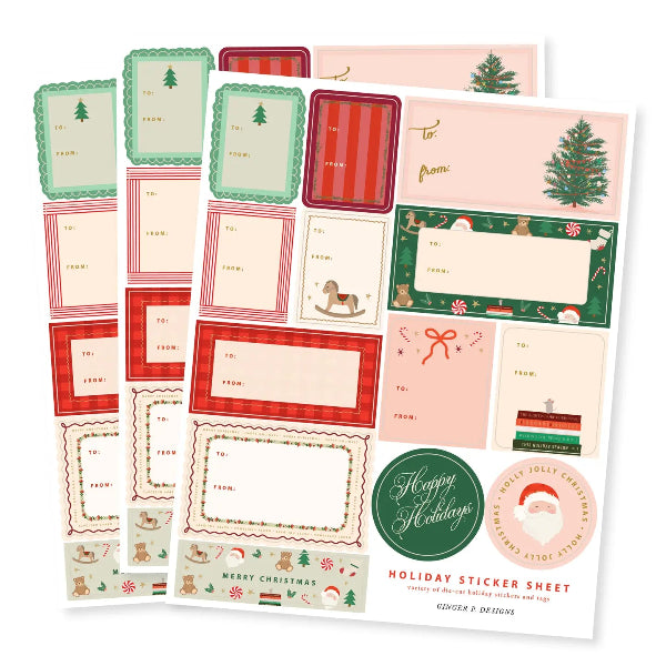 A holiday sticker sheet from Ginger & Design featuring multiple festive labels, tags, and stickers in red, green, pink, and cream colors, including Christmas trees, candy canes, stockings, and Santa illustrations.
