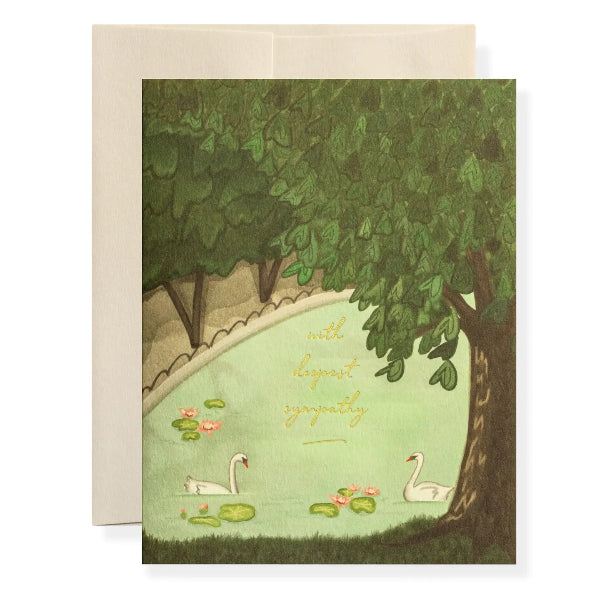 Greeting card with swans and foliage design on a white background