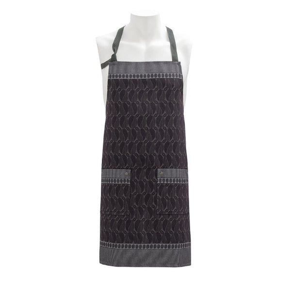 Black patterned apron on a mannequin against a white background