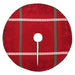 A round Christmas tree skirt with a red background, featuring a subtle dark red holiday pattern, green vertical stripes, and white decorative horizontal bands.