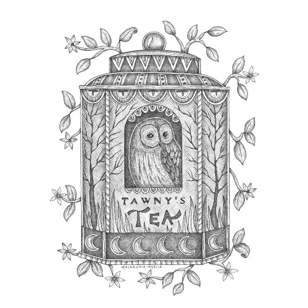 A black and white hand-drawn illustration of a vintage-style tea canister with an owl in the center and the text 'TAWNY'S TEA'. The design is decorated with delicate leaves and small flowers on a plain white background.