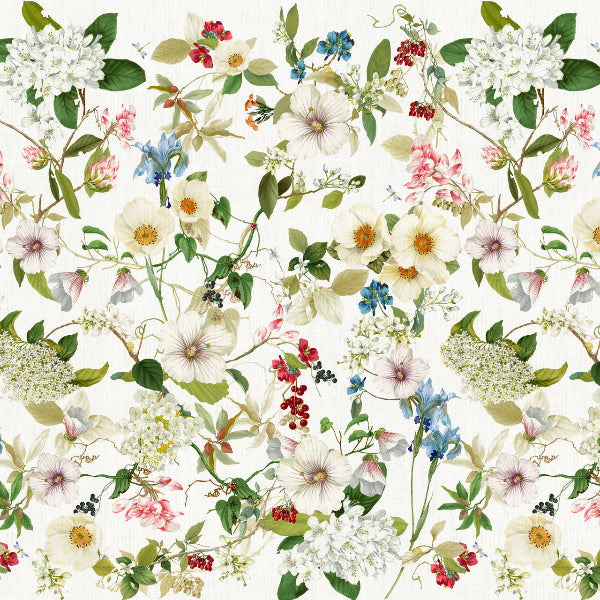 Pattern of various flowers and leaves on a white background