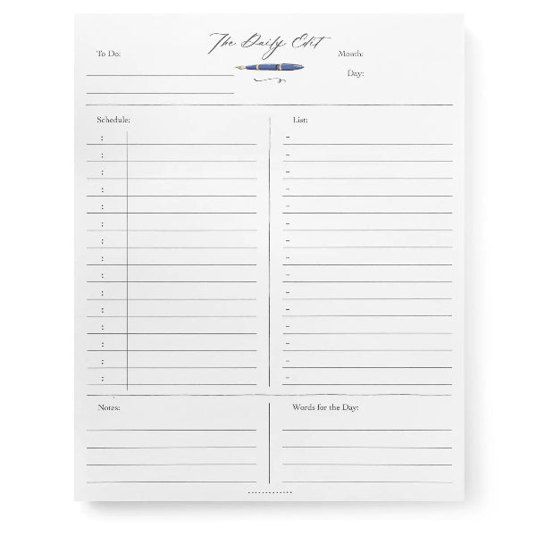 Daily planner pad with columns for 'To Do', 'Schedule', 'List', 'Notes', and 'Words for the Day' on a white background.