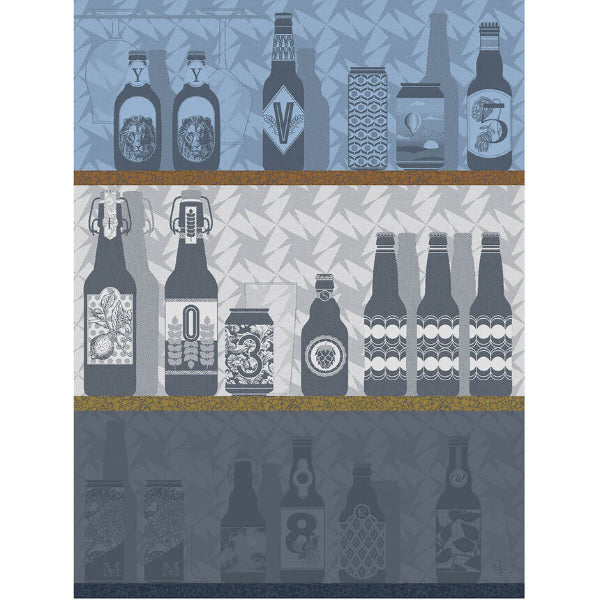 Patterned paper with bottle illustrations on a blue and gray background