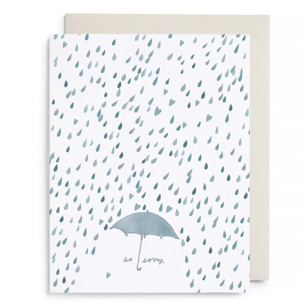 Card with raindrop pattern and umbrella design, featuring the text 'so sorry'.