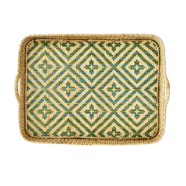 Woven tray with geometric pattern on a white background