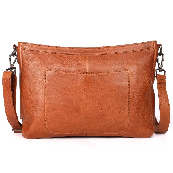 A brown leather shoulder bag with a front pocket and adjustable strap, shown against a plain white background.