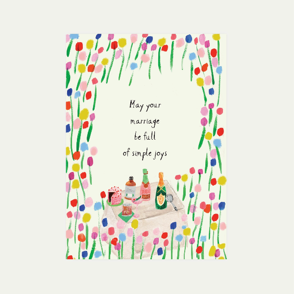 Card with colorful tulip border and illustration of a couple at a picnic, with text 'May your marriage be full of simple joys'.