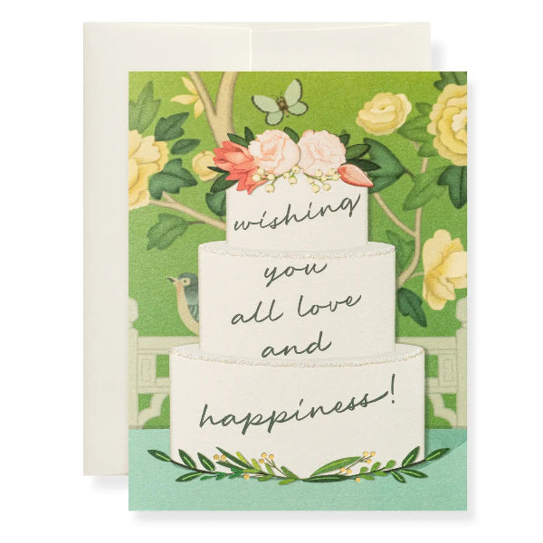 Greeting card with a cake illustration and floral design on a green background