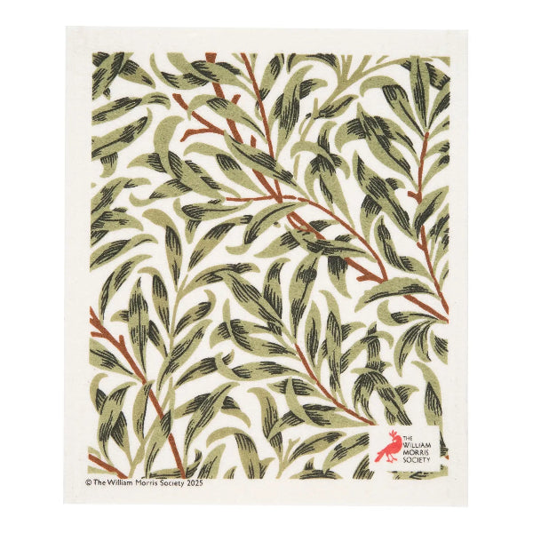 A swedish dishtowel featuring a repeating botanical pattern of olive green leaves and reddish-brown branches on an off-white background, with The William Morris Society logo printed in the lower right corner.