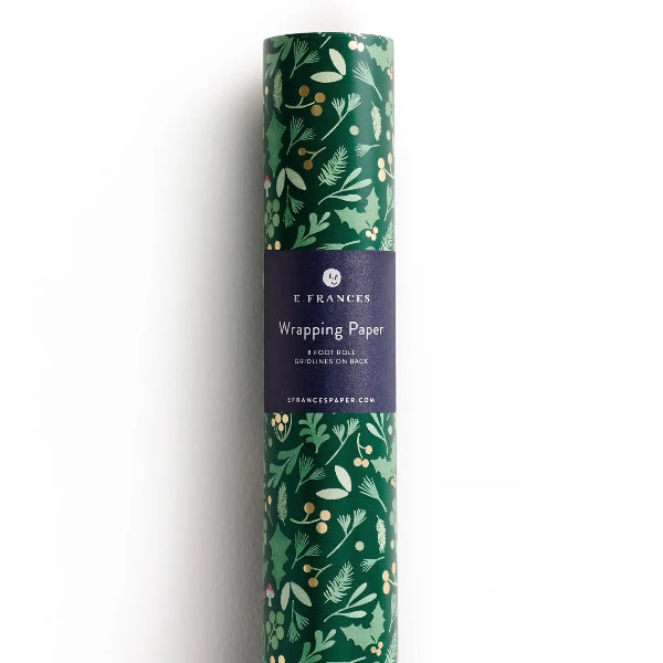 Roll of green wrapping paper with nature-themed design on a white background