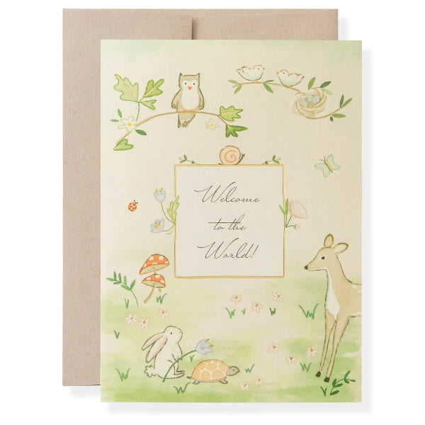 Greeting card with forest animals and 'Welcome to the World!' text on a light green background.