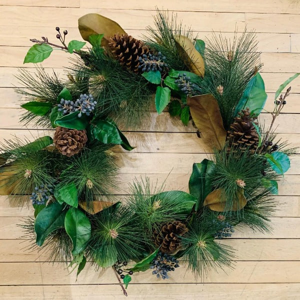 Wreath w/ Cones, Leaves, Blue Berries