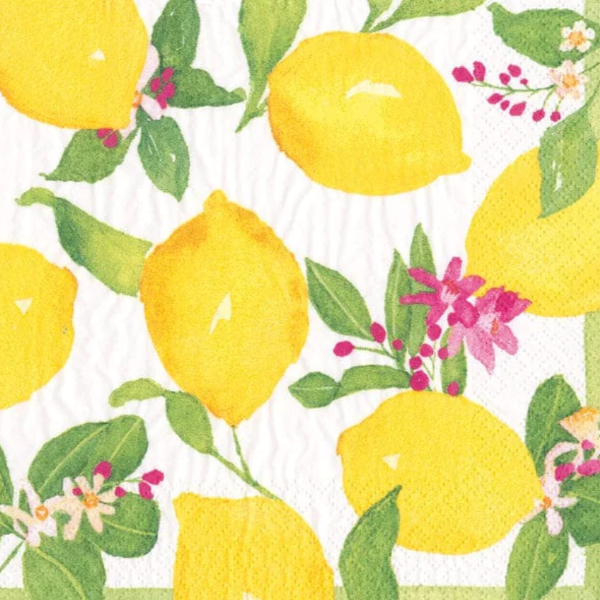 A pack of luncheon napkins with a design featuring lemons and green leaves on a white background.